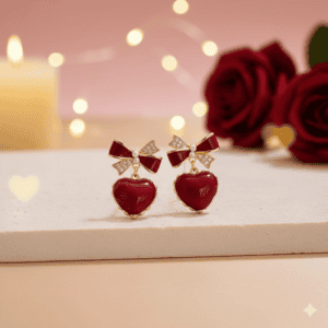 Red Heart Bow Gold Plated Earrings for Women.