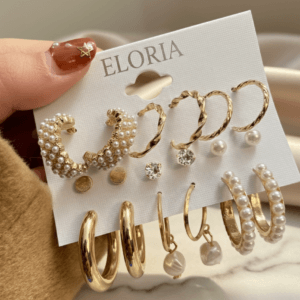 Alternative view of Gold Hoop & Pearl Earrings Set – Pack of 9 Pairs for Women