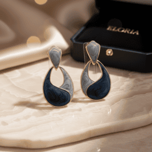 Elegant blue and grey marble drop earrings with gold accents for sophisticated style.