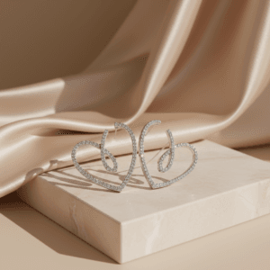 Rhinestone heart drop earrings close-up view