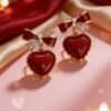 Red Heart Bow Gold Plated Earrings with Pearls and Crystals.