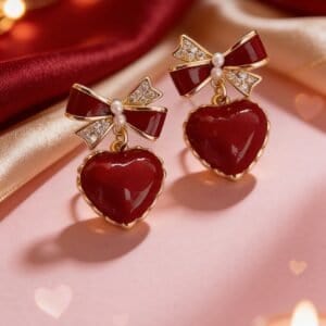 Red Heart Bow Gold Plated Earrings with Pearls and Crystals.